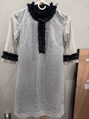 Midi Dress with Black Ruffle Trim